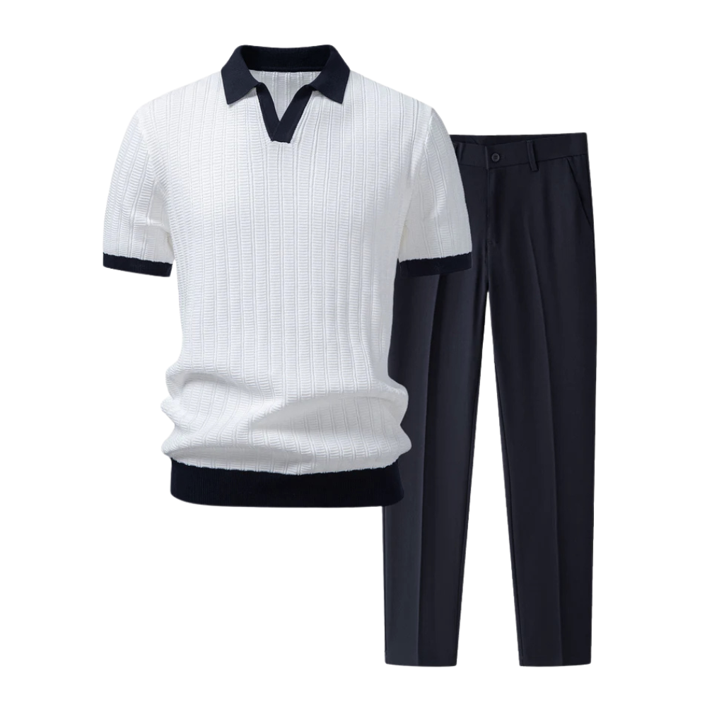 Liam | Contrast Textured Collar Polo & Slim Fit Tapered Trousers