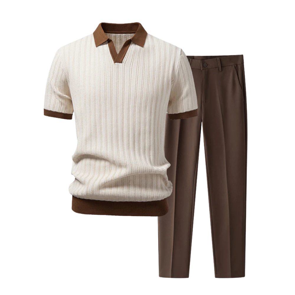 Liam | Contrast Textured Collar Polo & Slim Fit Tapered Trousers