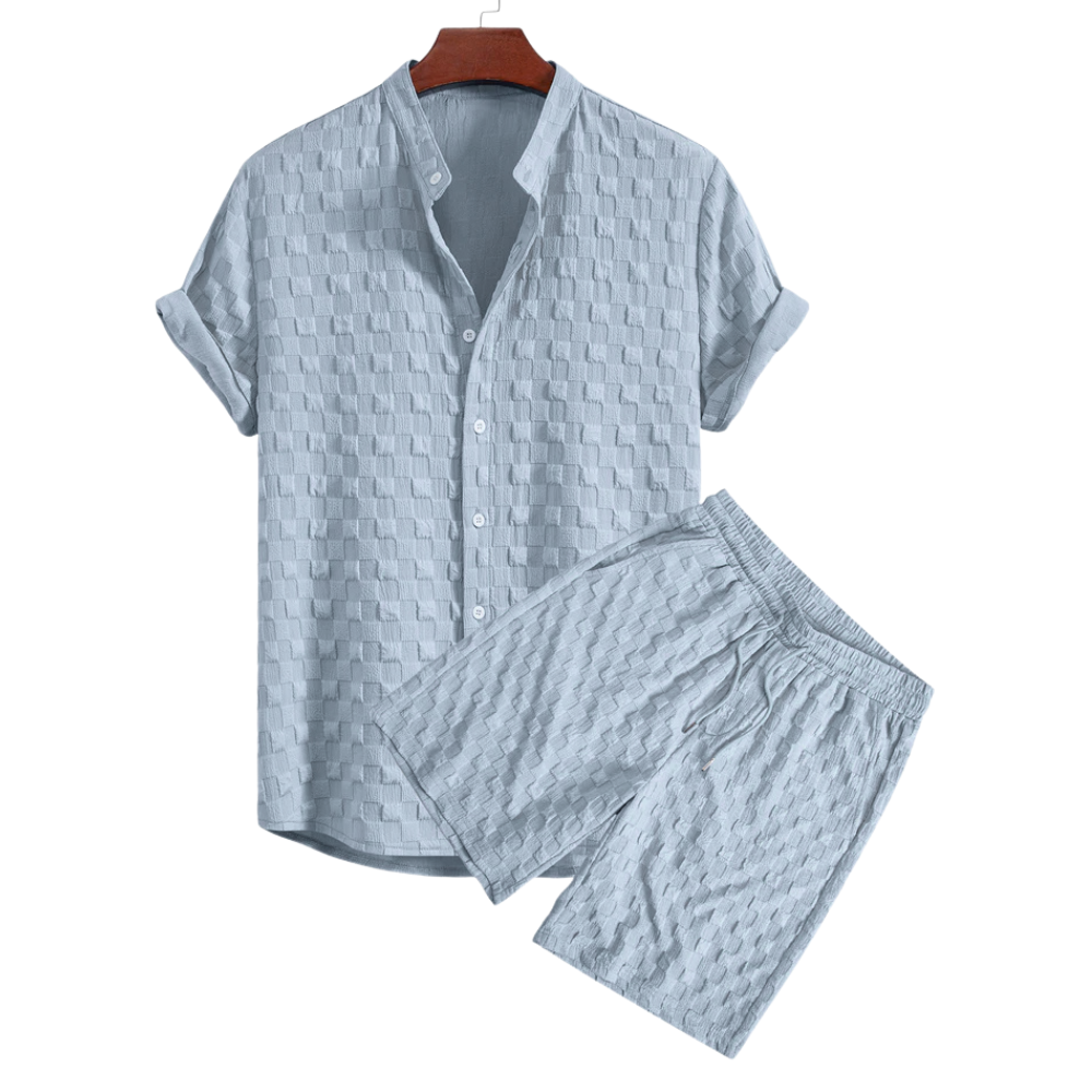 Mason | Men's Checkerboard Jacquard Stand Collar Shirt & Shorts Set