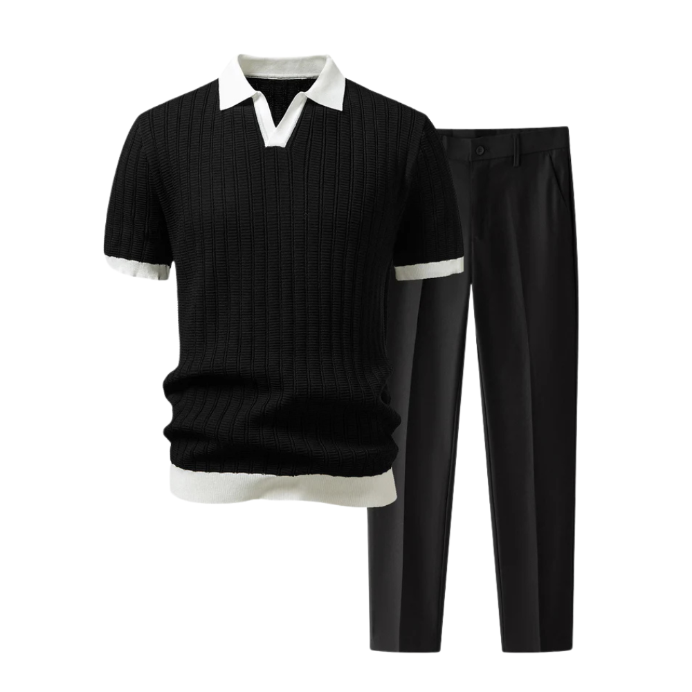 Liam | Contrast Textured Collar Polo & Slim Fit Tapered Trousers