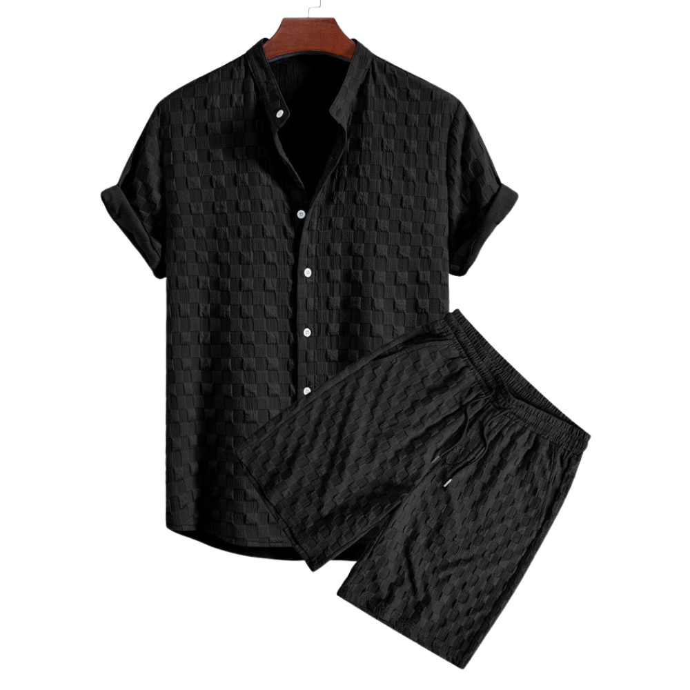 Mason | Men's Checkerboard Jacquard Stand Collar Shirt & Shorts Set