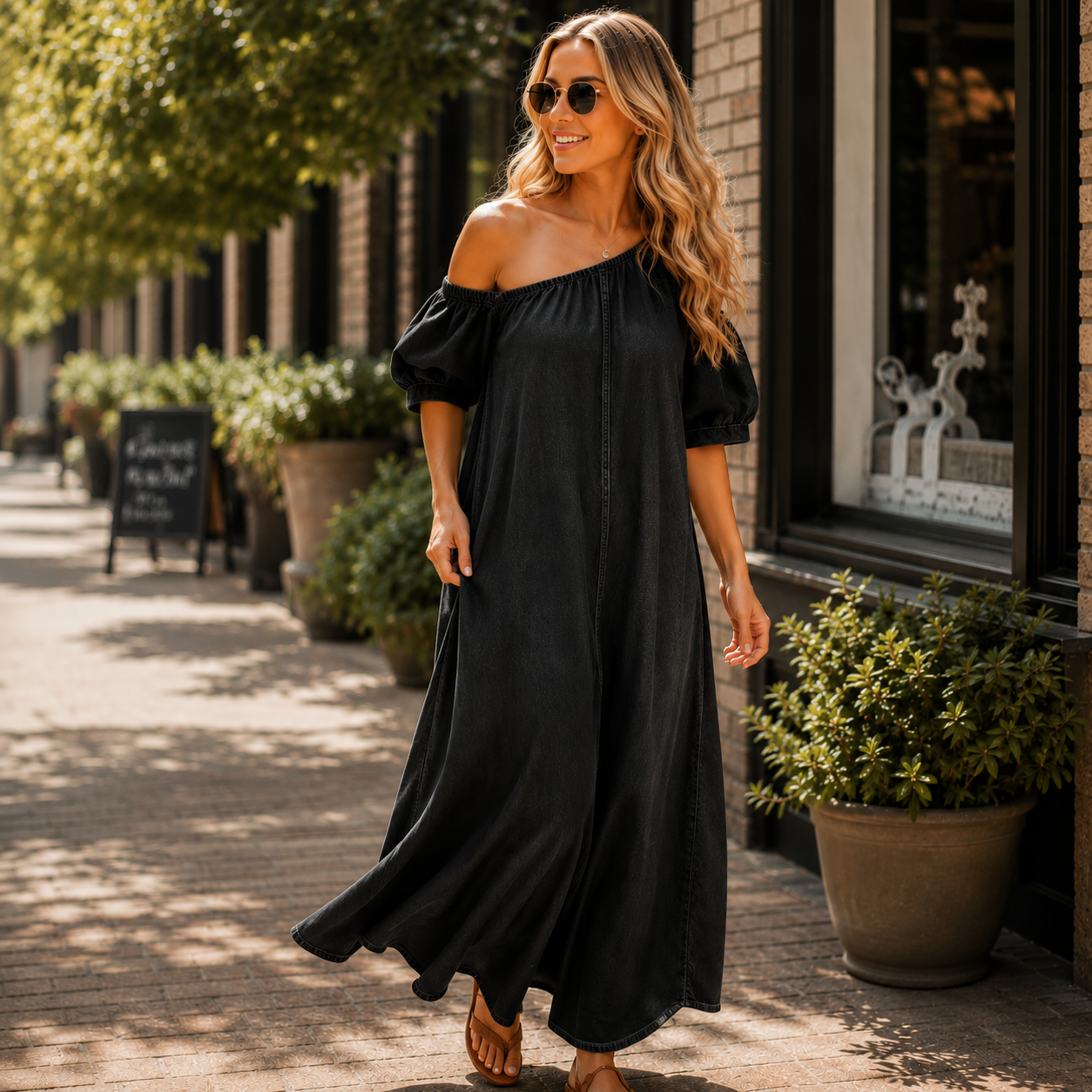 Aria | Off-Shoulder Slit Denim-Inspired Maxi Dress