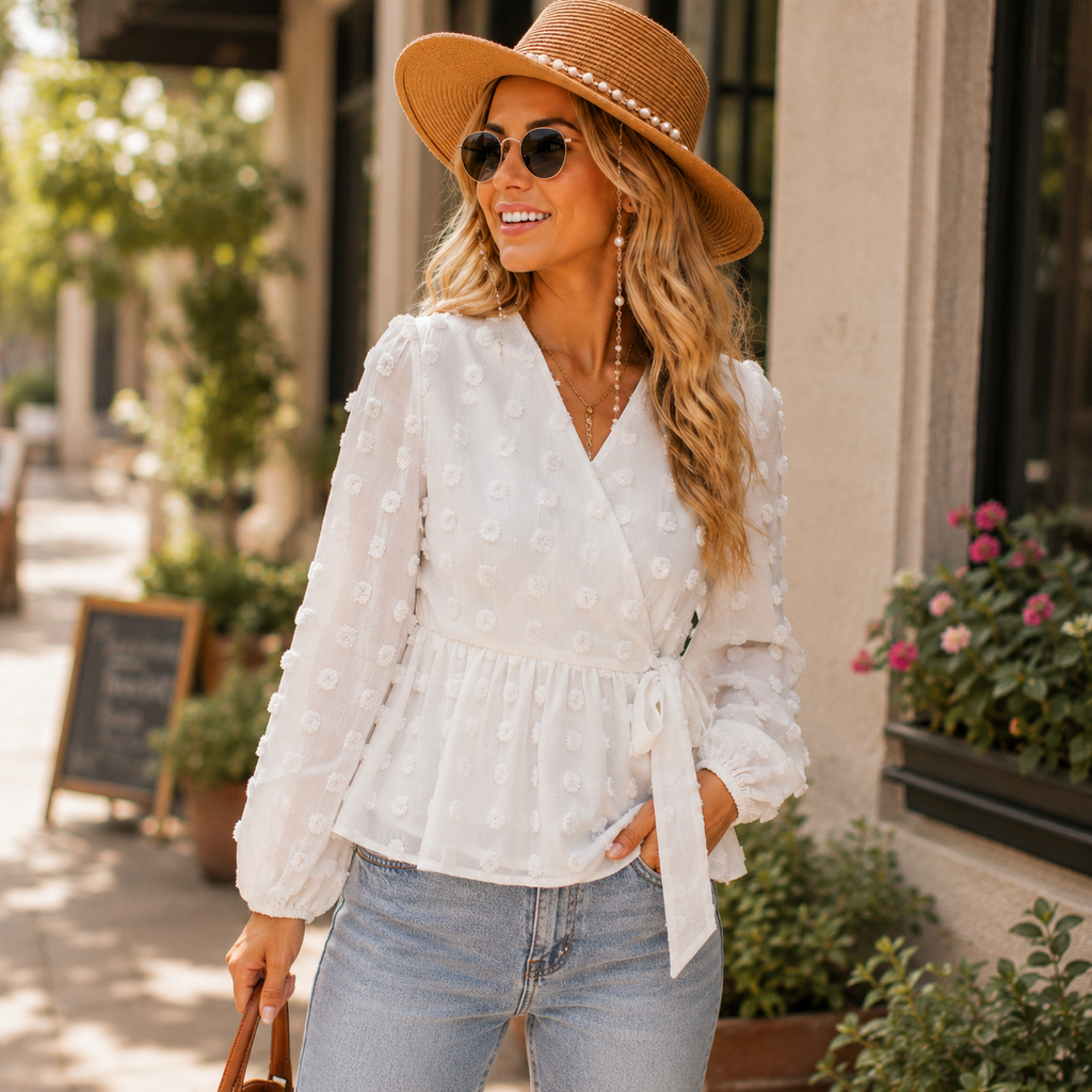Elise | Jacquard Lace V-Neck Elegant Blouse