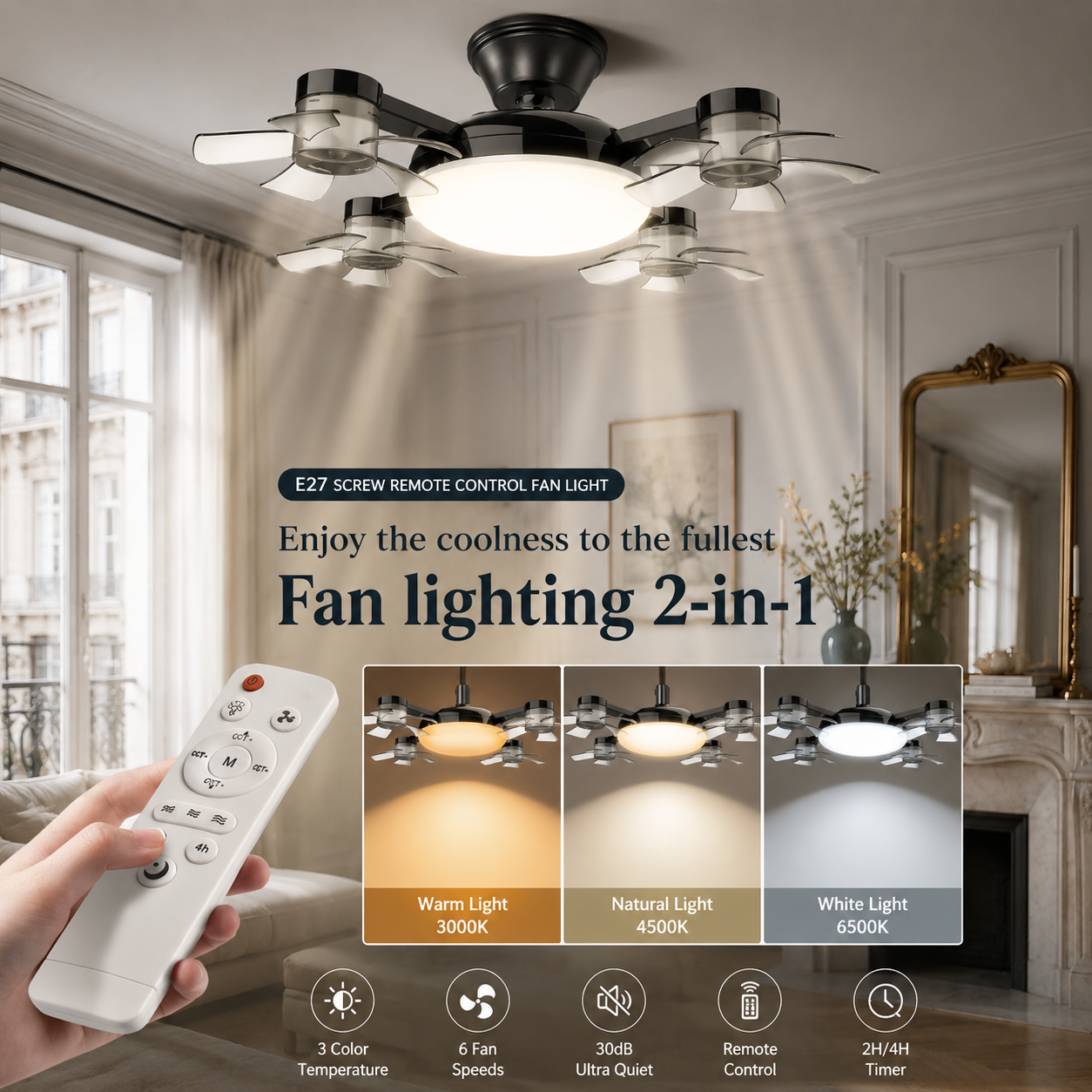 AuraGlow | 2-in-1 Ceiling Fan with LED Light &amp; E27 Socket